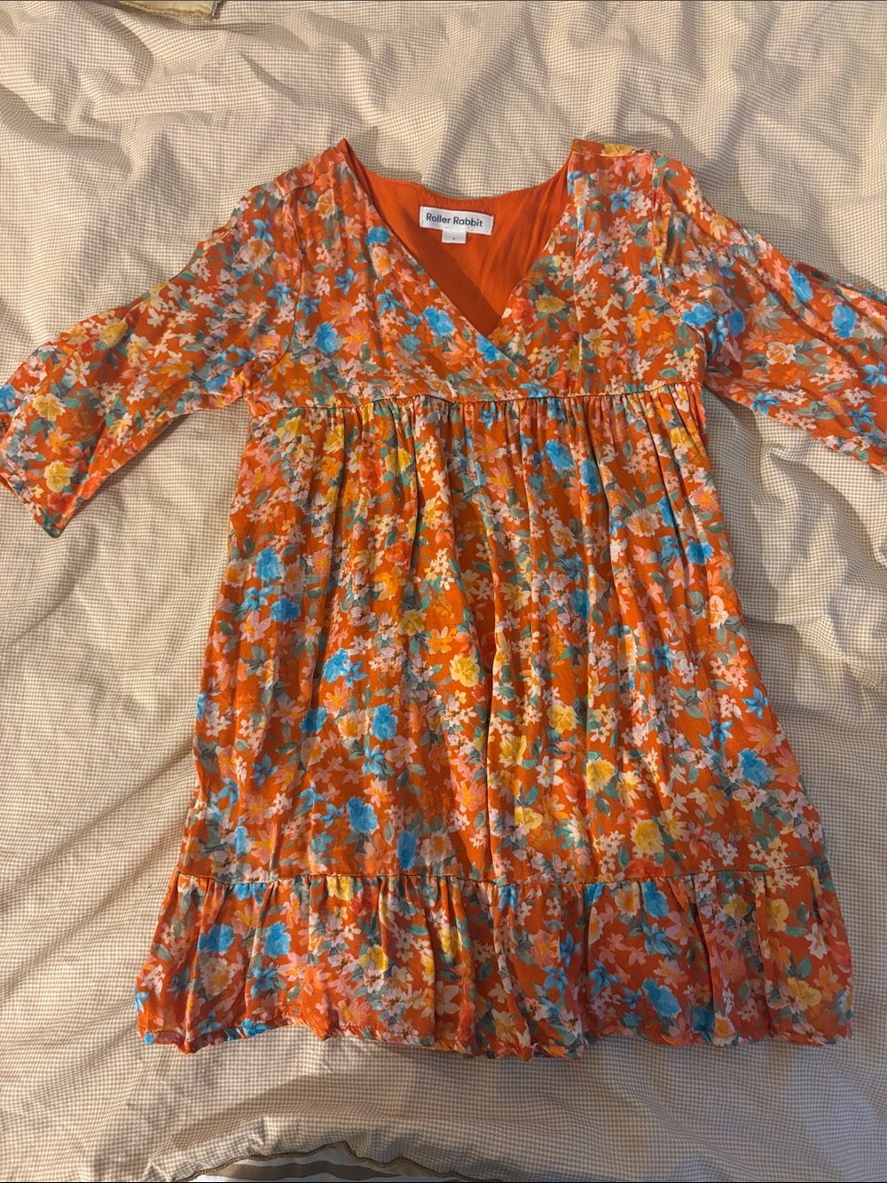 Roller Rabbit Orange Floral V-Neck Ruffle Dress